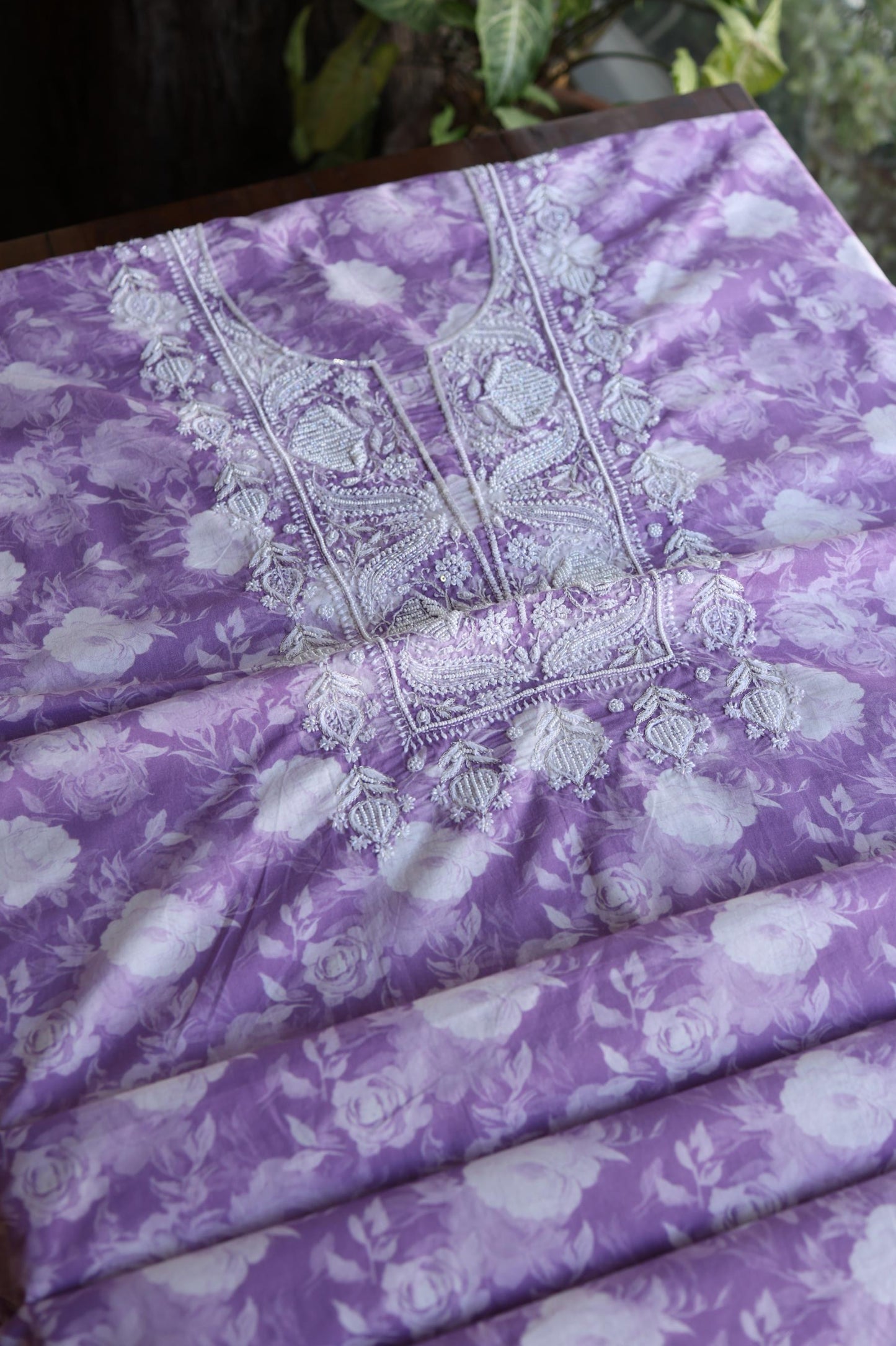 Lavender Floral Cotton Kurta Fabric with Chikankari & Sequin Work