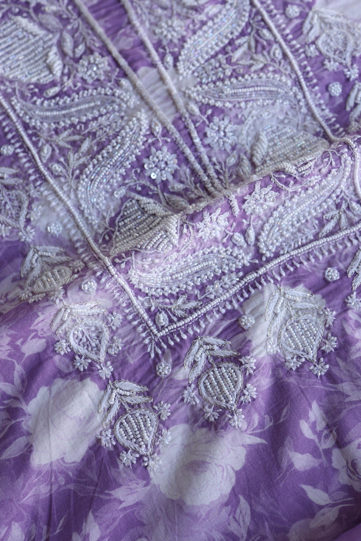 Lavender Floral Cotton Kurta Fabric with Chikankari & Sequin Work