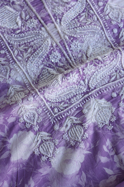 Lavender Floral Cotton Kurta Fabric with Chikankari & Sequin Work