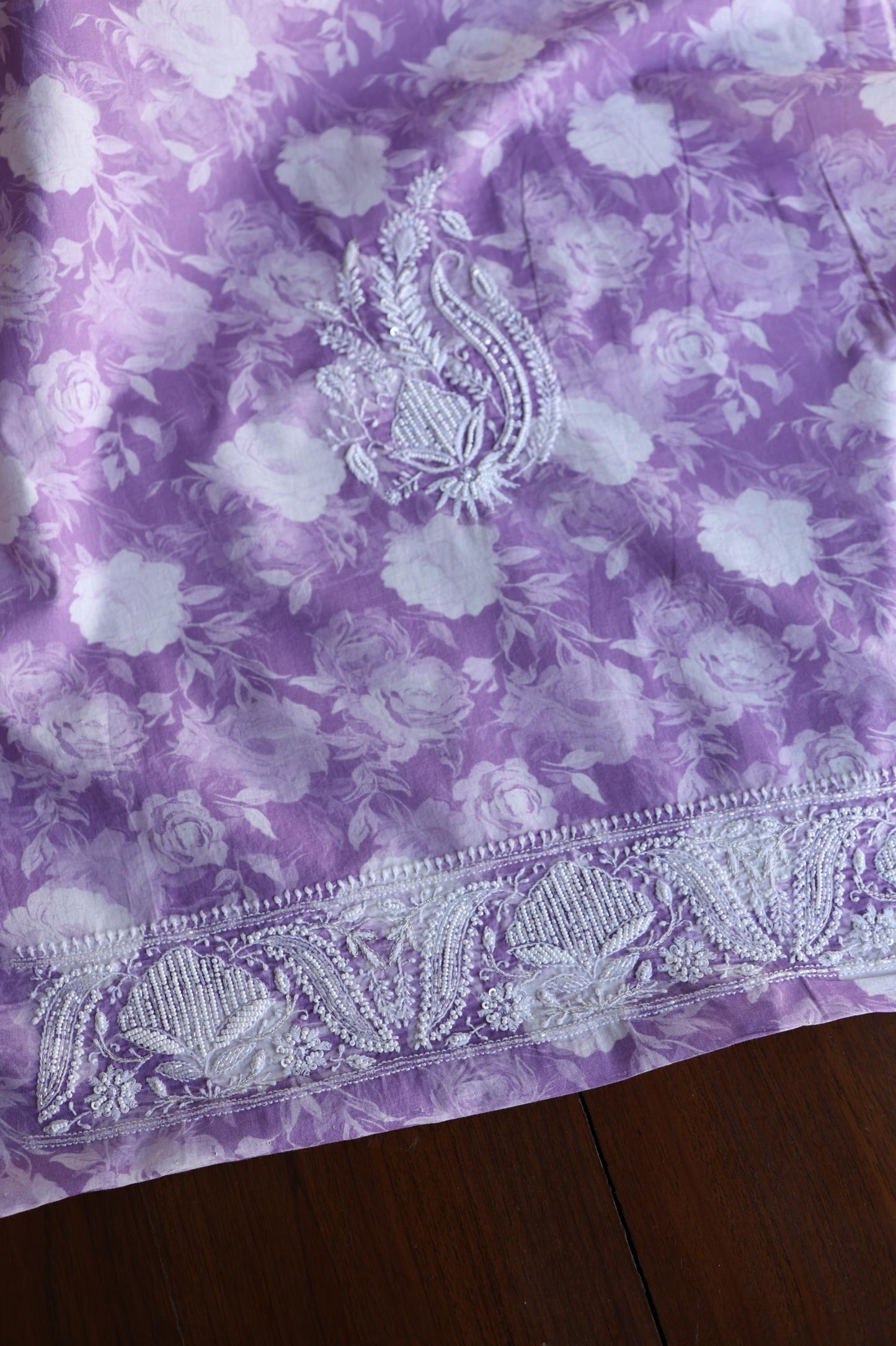 Lavender Floral Cotton Kurta Fabric with Chikankari & Sequin Work