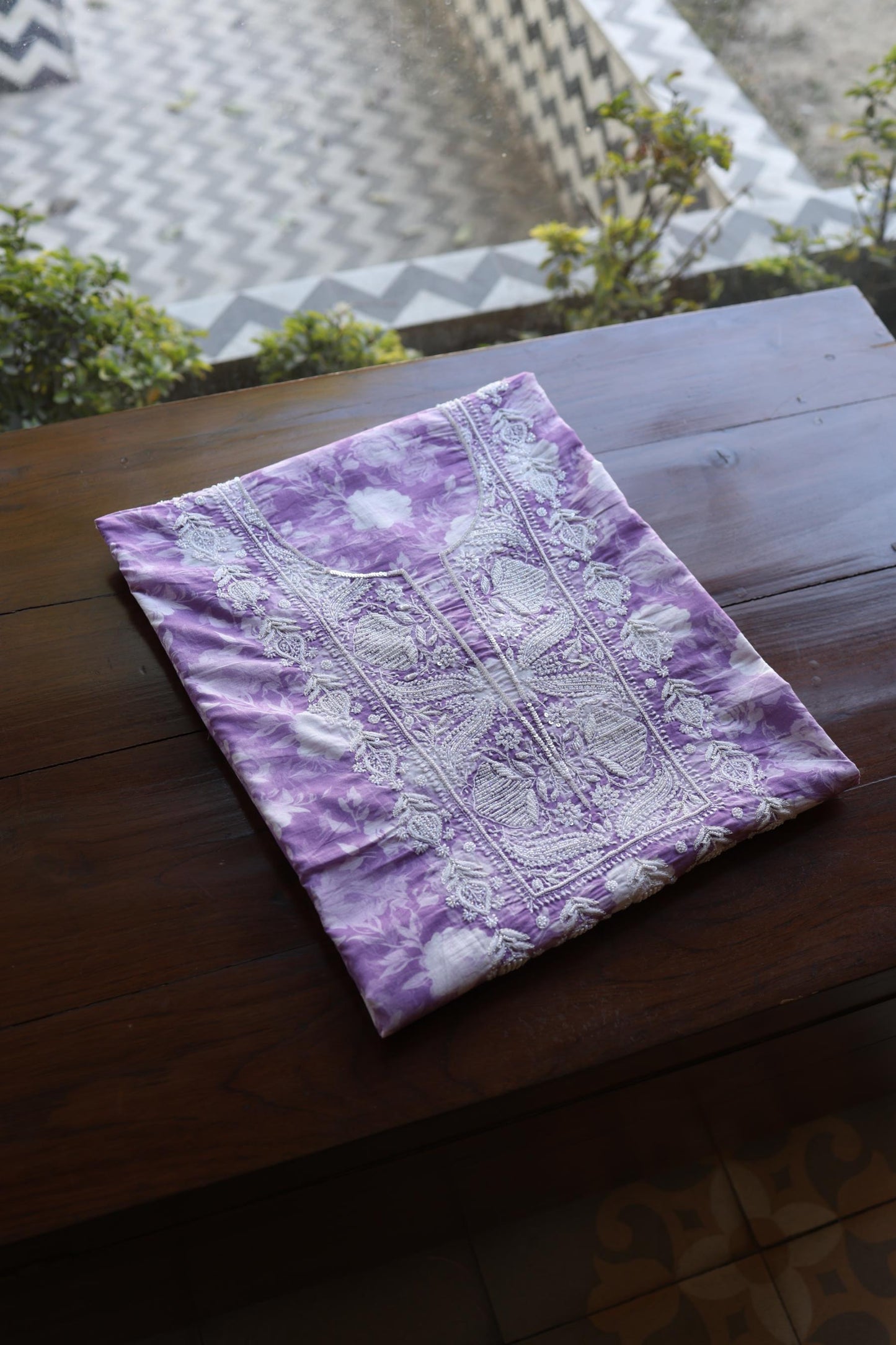 Lavender Floral Cotton Kurta Fabric with Chikankari & Sequin Work