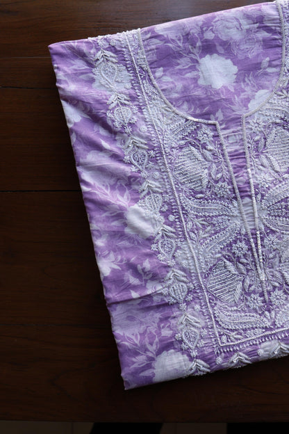 Lavender Floral Cotton Kurta Fabric with Chikankari & Sequin Work