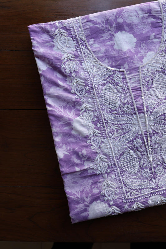Lavender Floral Cotton Kurta Fabric with Chikankari & Sequin Work