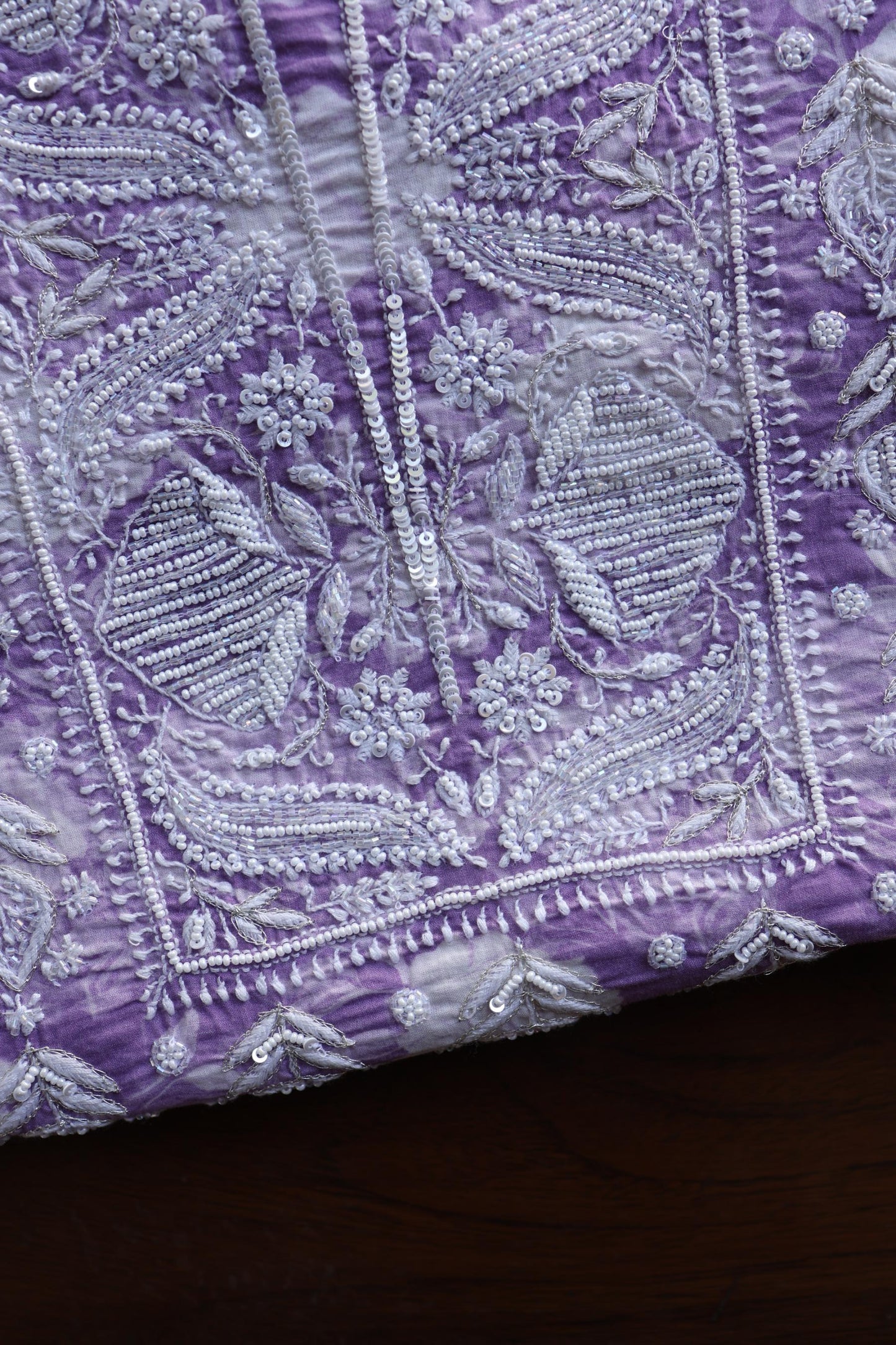 Lavender Floral Cotton Kurta Fabric with Chikankari & Sequin Work