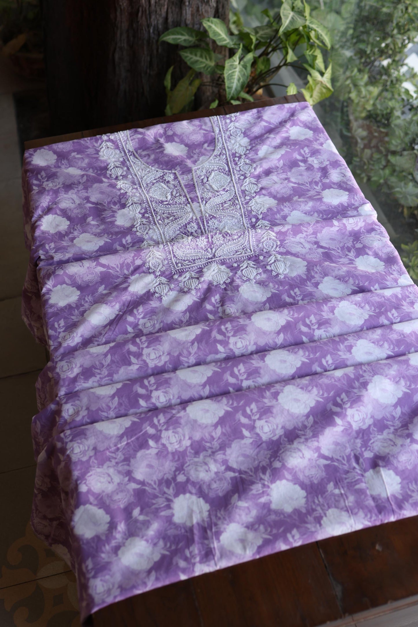 Lavender Floral Cotton Kurta Fabric with Chikankari & Sequin Work