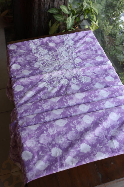 Lavender Floral Cotton Kurta Fabric with Chikankari & Sequin Work