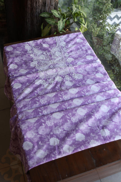 Lavender Floral Cotton Kurta Fabric with Chikankari & Sequin Work