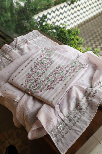 Lavender Grey Mal Chanderi Chikankari With Mukaish Ring Line Unstitched Fabric
