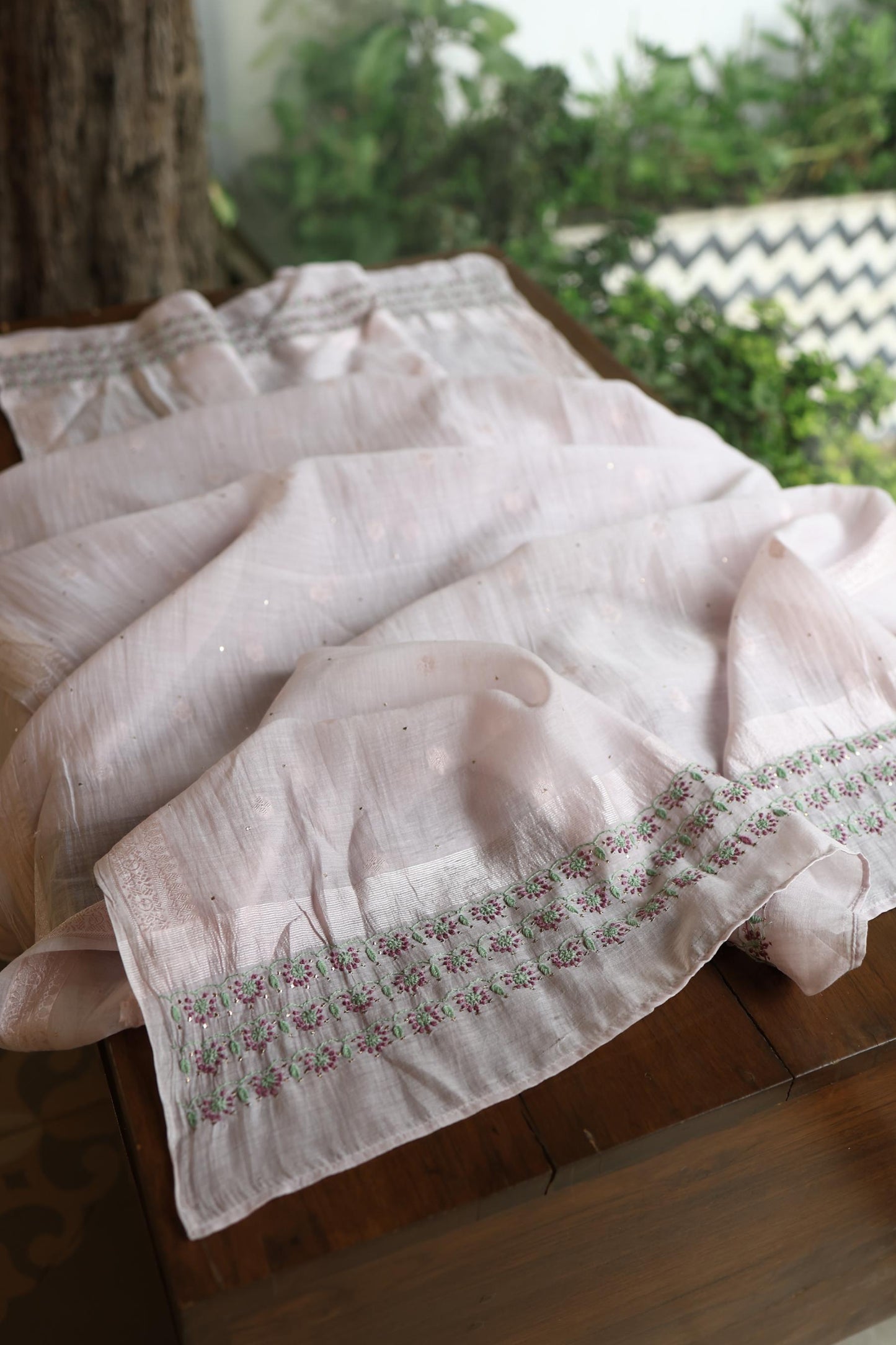 Lavender Grey Mal Chanderi Chikankari With Mukaish Ring Line Unstitched Fabric