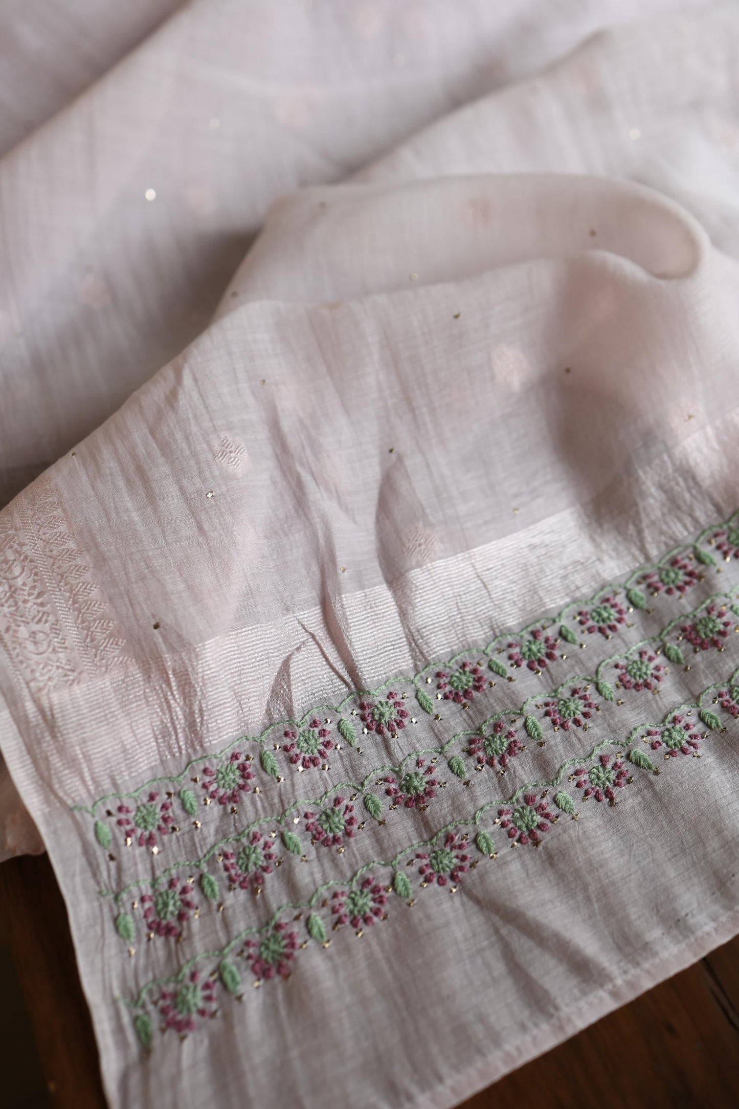 Lavender Grey Mal Chanderi Chikankari With Mukaish Ring Line Unstitched Fabric