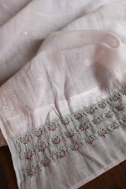 Lavender Grey Mal Chanderi Chikankari With Mukaish Ring Line Unstitched Fabric
