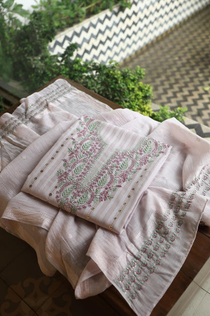 Lavender Grey Mal Chanderi Chikankari With Mukaish Ring Line Unstitched Fabric