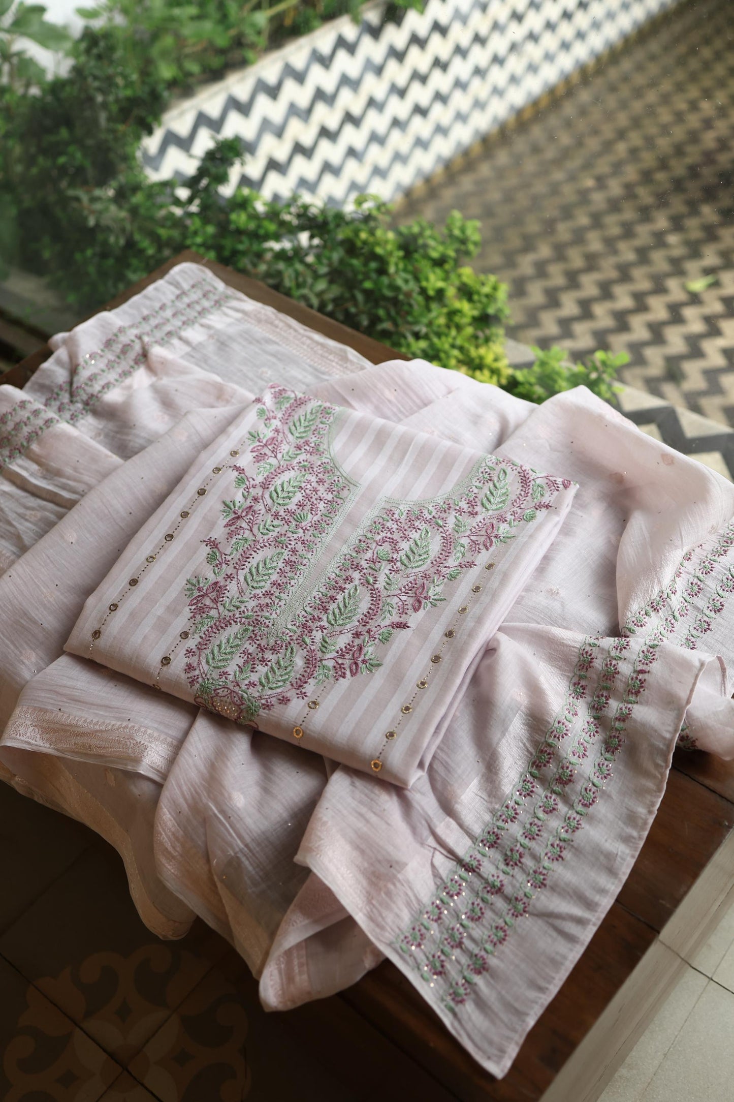 Lavender Grey Mal Chanderi Chikankari With Mukaish Ring Line Unstitched Fabric