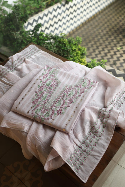 Lavender Grey Mal Chanderi Chikankari With Mukaish Ring Line Unstitched Fabric