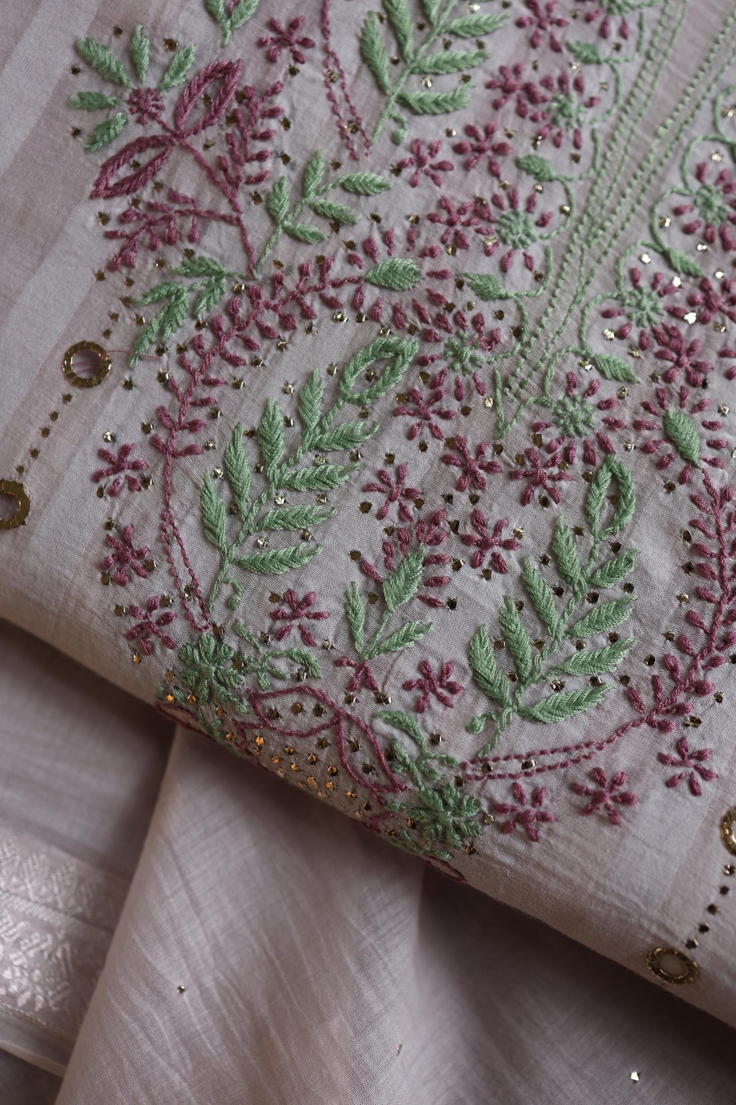 Lavender Grey Mal Chanderi Chikankari With Mukaish Ring Line Unstitched Fabric