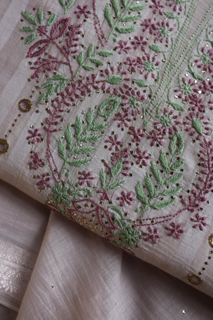 Lavender Grey Mal Chanderi Chikankari With Mukaish Ring Line Unstitched Fabric