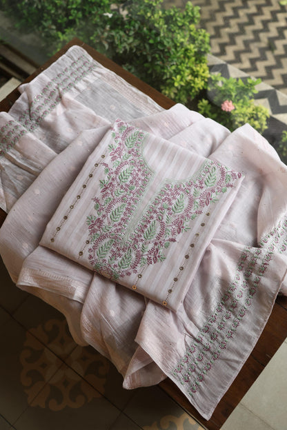 Lavender Grey Mal Chanderi Chikankari With Mukaish Ring Line Unstitched Fabric