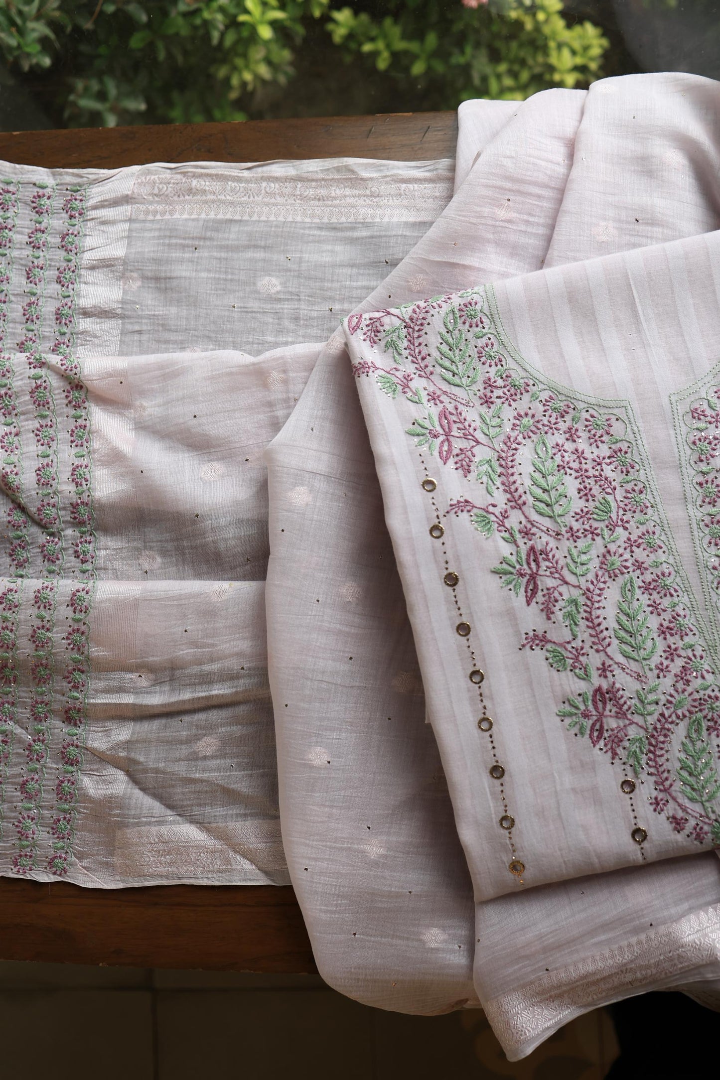 Lavender Grey Mal Chanderi Chikankari With Mukaish Ring Line Unstitched Fabric