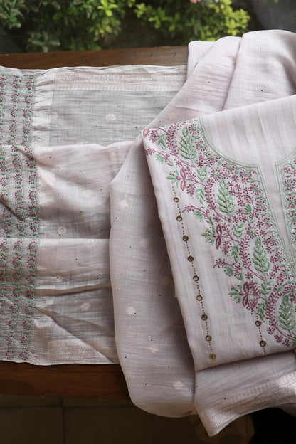 Lavender Grey Mal Chanderi Chikankari With Mukaish Ring Line Unstitched Fabric