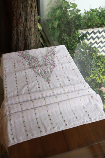 Lavender Grey Mal Chanderi Chikankari With Mukaish Ring Line Unstitched Fabric