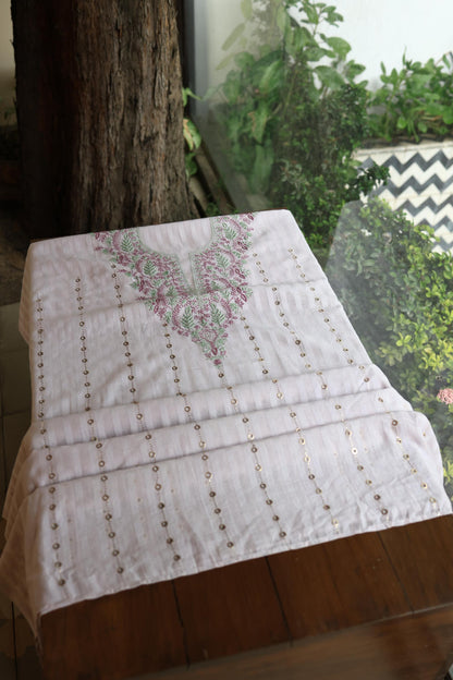 Lavender Grey Mal Chanderi Chikankari With Mukaish Ring Line Unstitched Fabric