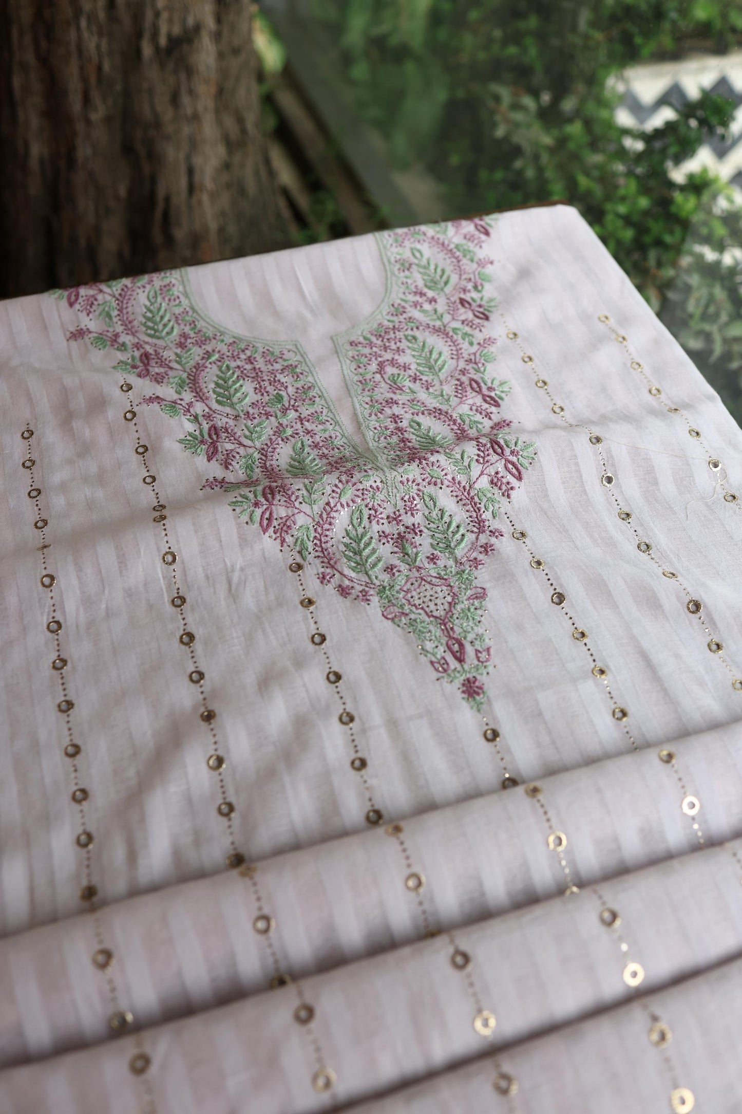 Lavender Grey Mal Chanderi Chikankari With Mukaish Ring Line Unstitched Fabric