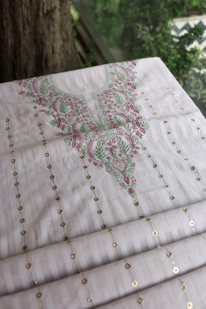 Lavender Grey Mal Chanderi Chikankari With Mukaish Ring Line Unstitched Fabric