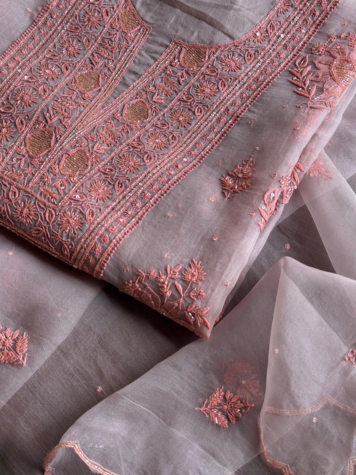 Lavender Grey Noor Organza Silk Chikankari Unstitched Kurta Dupatta Set