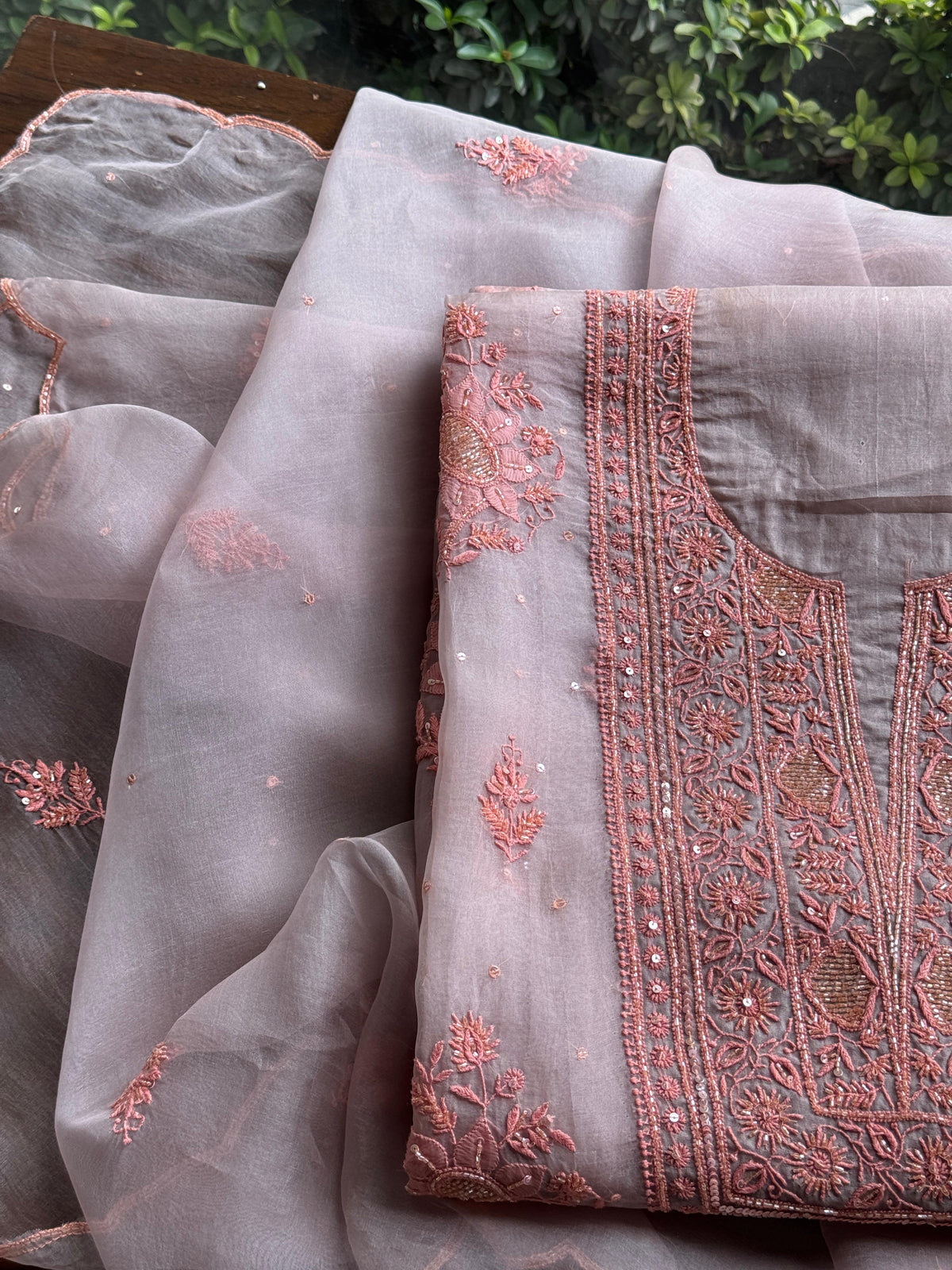 Lavender Grey Noor Organza Silk Chikankari Unstitched Kurta Dupatta Set