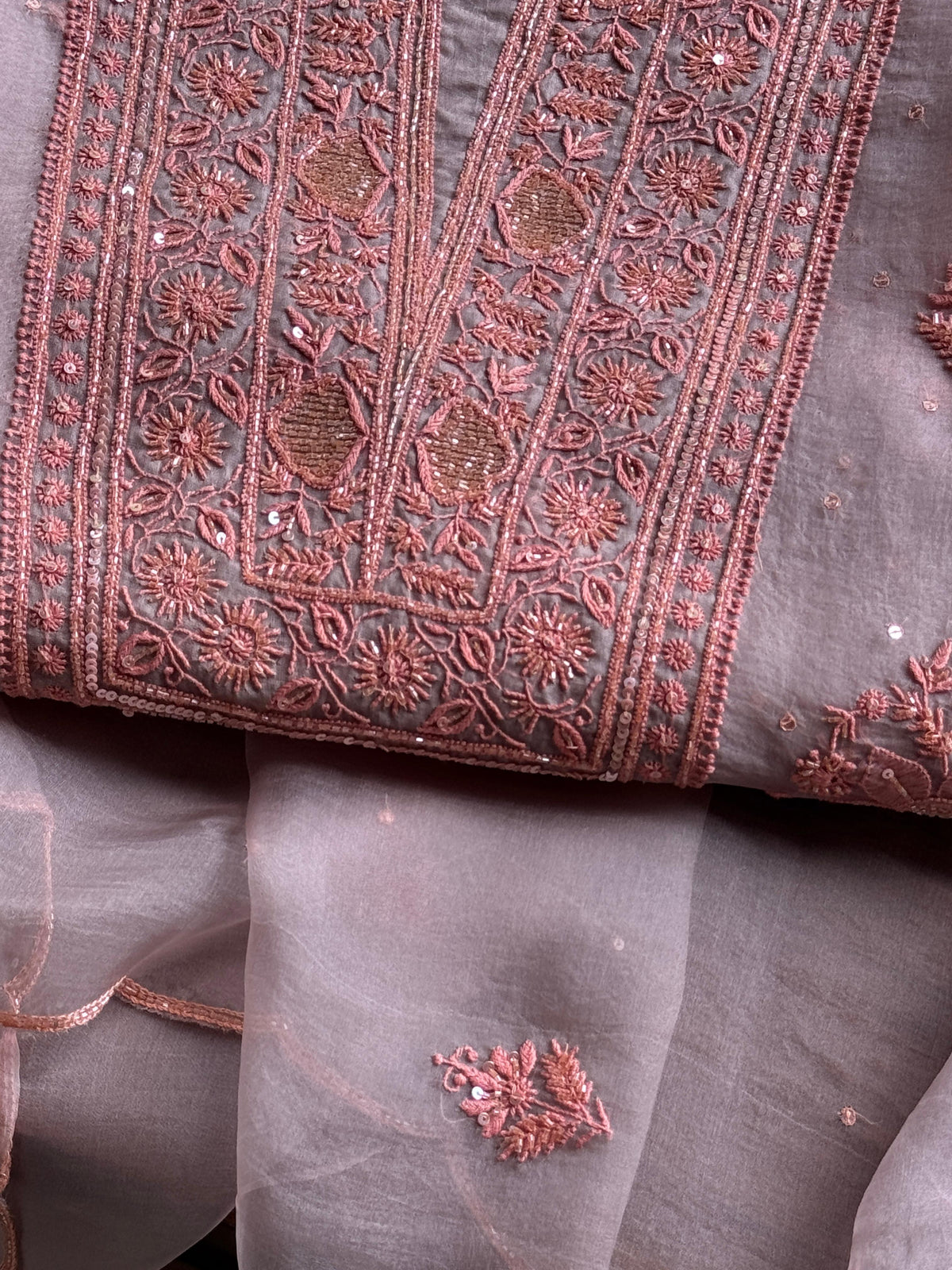 Lavender Grey Noor Organza Silk Chikankari Unstitched Kurta Dupatta Set