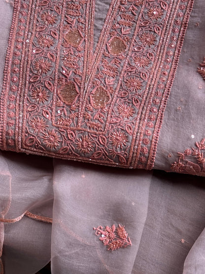 Lavender Grey Noor Organza Silk Chikankari Unstitched Kurta Dupatta Set
