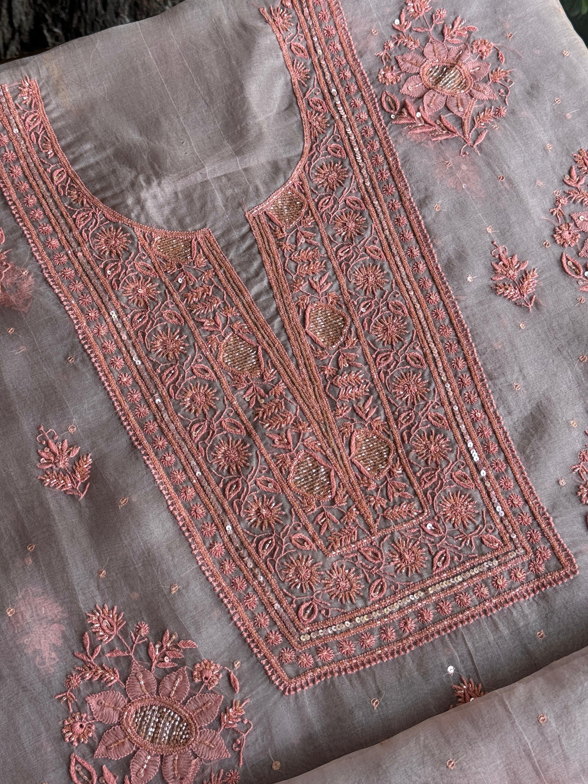 Lavender Grey Noor Organza Silk Chikankari Unstitched Kurta Dupatta Set
