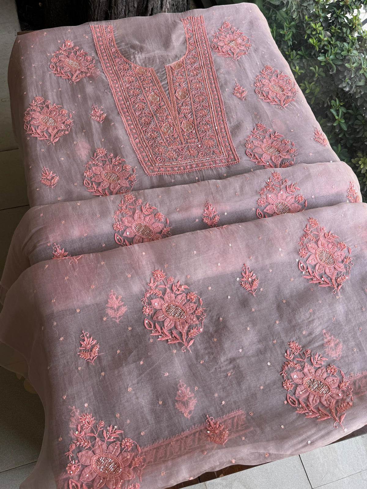 Lavender Grey Noor Organza Silk Chikankari Unstitched Kurta Dupatta Set