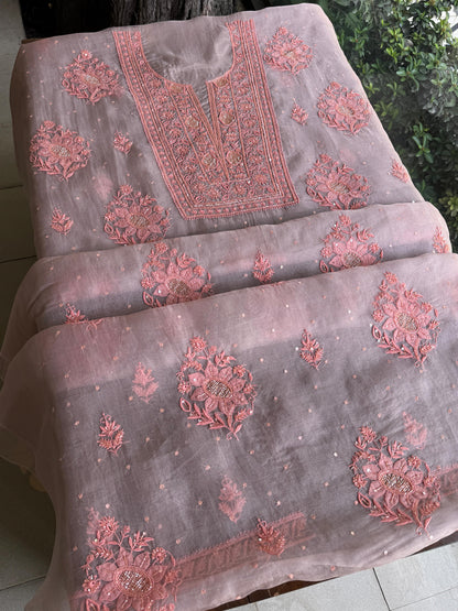 Lavender Grey Noor Organza Silk Chikankari Unstitched Kurta Dupatta Set
