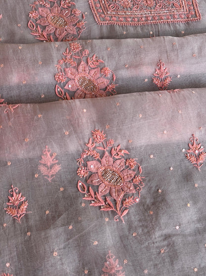 Lavender Grey Noor Organza Silk Chikankari Unstitched Kurta Dupatta Set