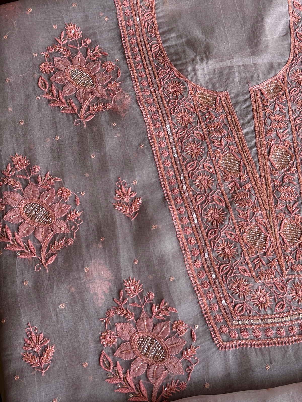 Lavender Grey Noor Organza Silk Chikankari Unstitched Kurta Dupatta Set