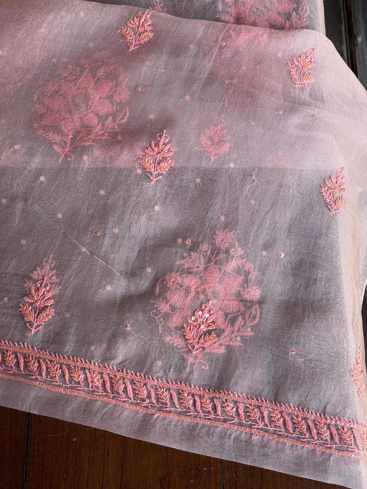 Lavender Grey Noor Organza Silk Chikankari Unstitched Kurta Dupatta Set