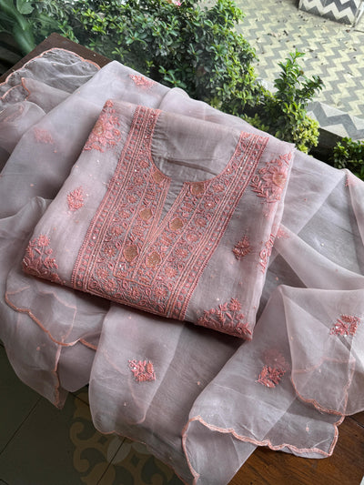 Lavender Grey Noor Organza Silk Chikankari Unstitched Kurta Dupatta Set