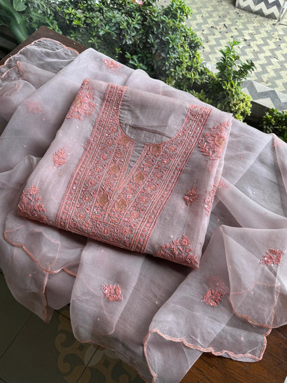 Lavender Grey Noor Organza Silk Chikankari Unstitched Kurta Dupatta Set