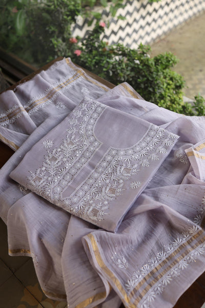 Lavender Grey Shade Mal Cotton Fine Chikankari Unstitched Fabric