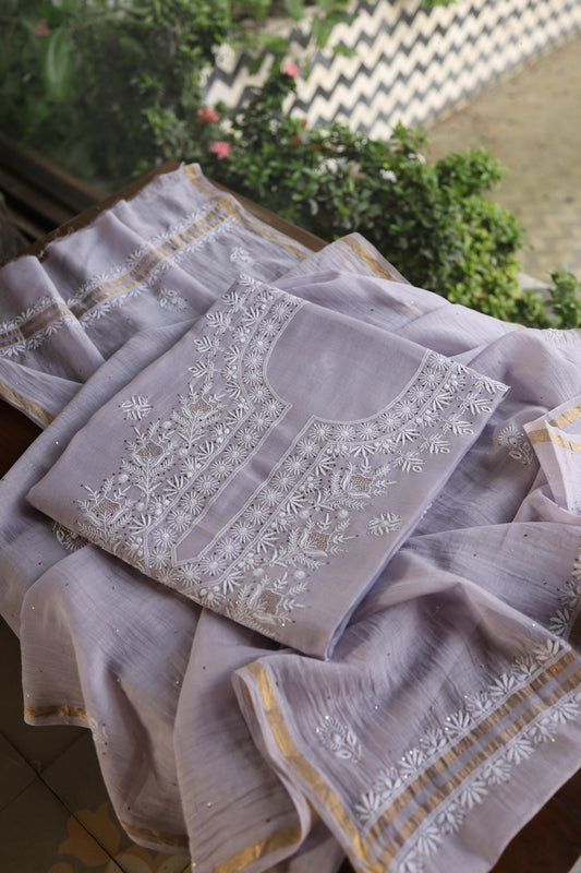 Lavender Grey Shade Mal Cotton Fine Chikankari Unstitched Fabric