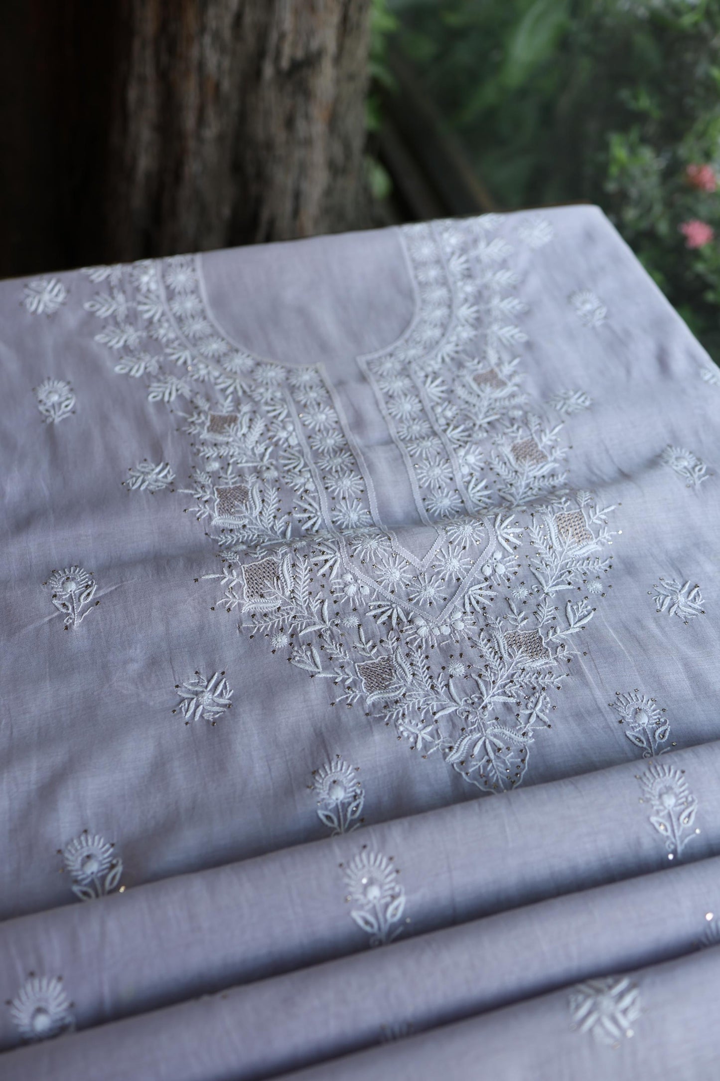 Lavender Grey Shade Mal Cotton Fine Chikankari Unstitched Fabric