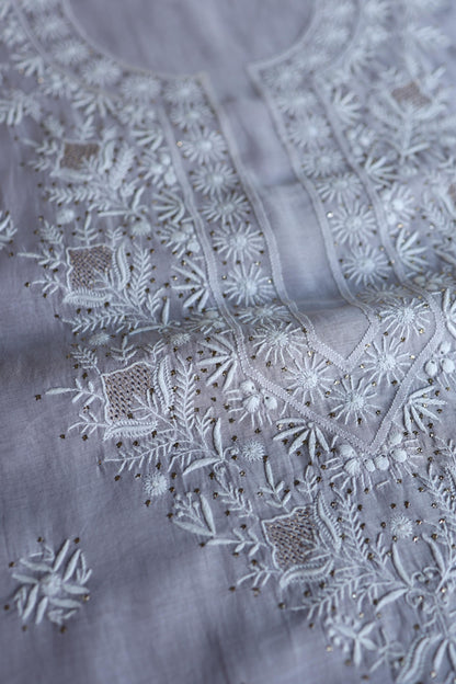 Lavender Grey Shade Mal Cotton Fine Chikankari Unstitched Fabric