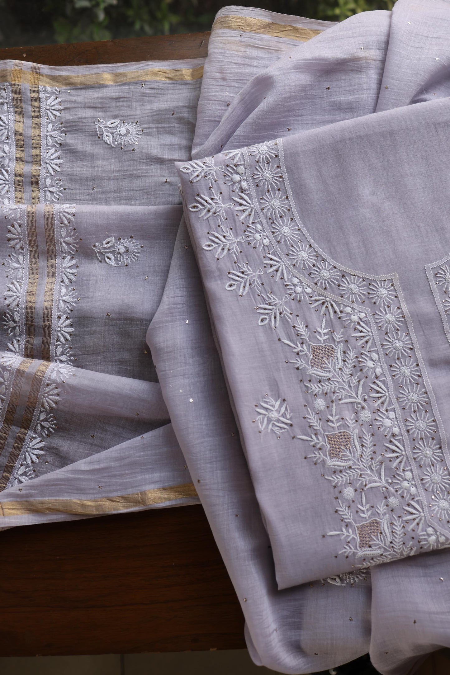 Lavender Grey Shade Mal Cotton Fine Chikankari Unstitched Fabric