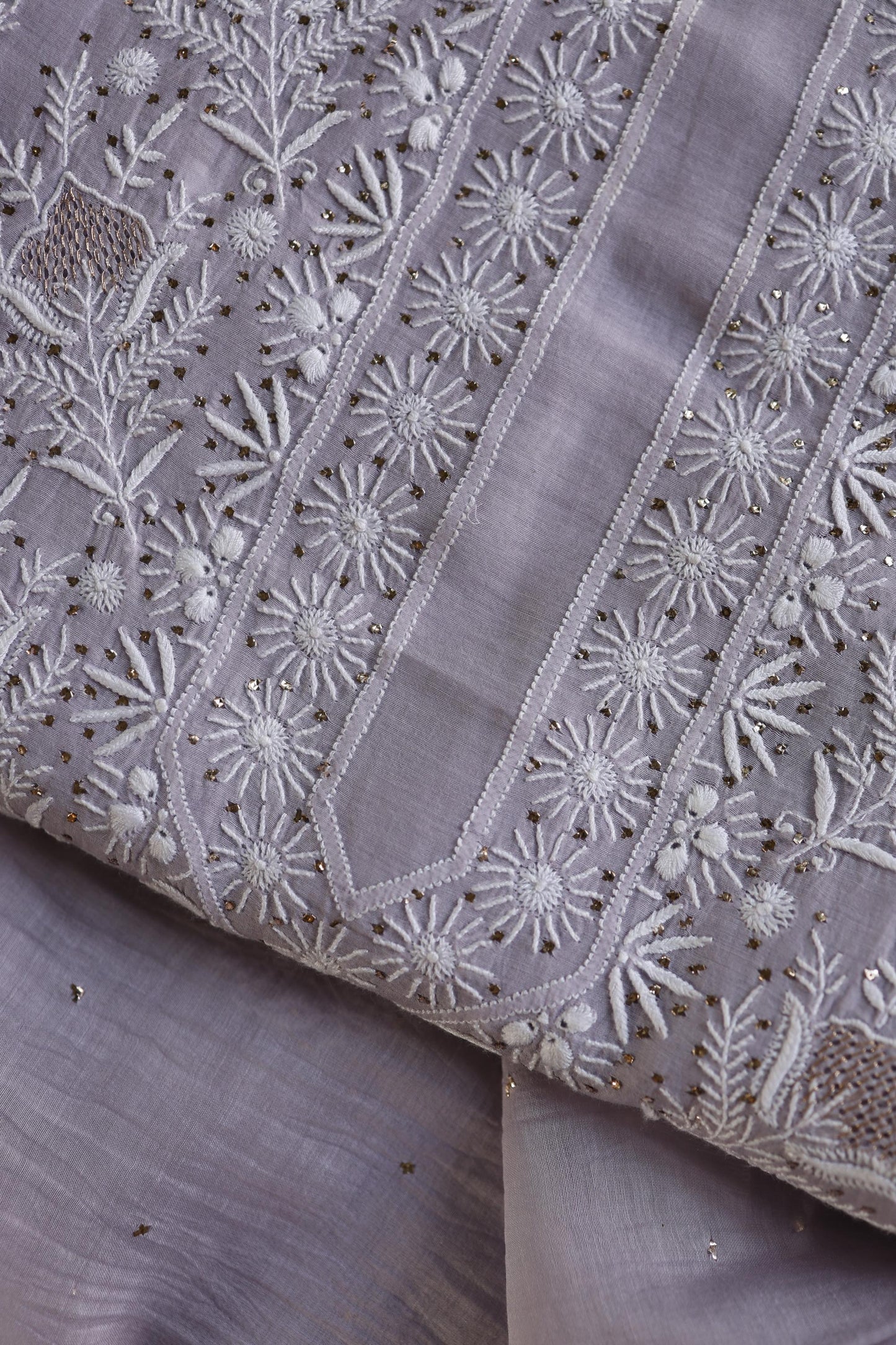 Lavender Grey Shade Mal Cotton Fine Chikankari Unstitched Fabric