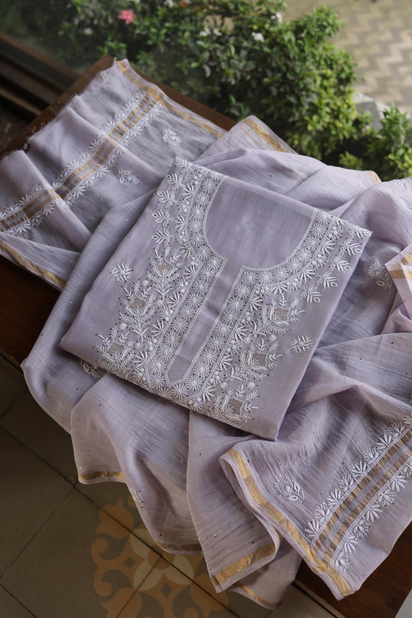 Lavender Grey Shade Mal Cotton Fine Chikankari Unstitched Fabric