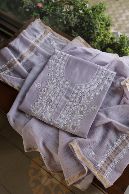 Lavender Grey Shade Mal Cotton Fine Chikankari Unstitched Fabric