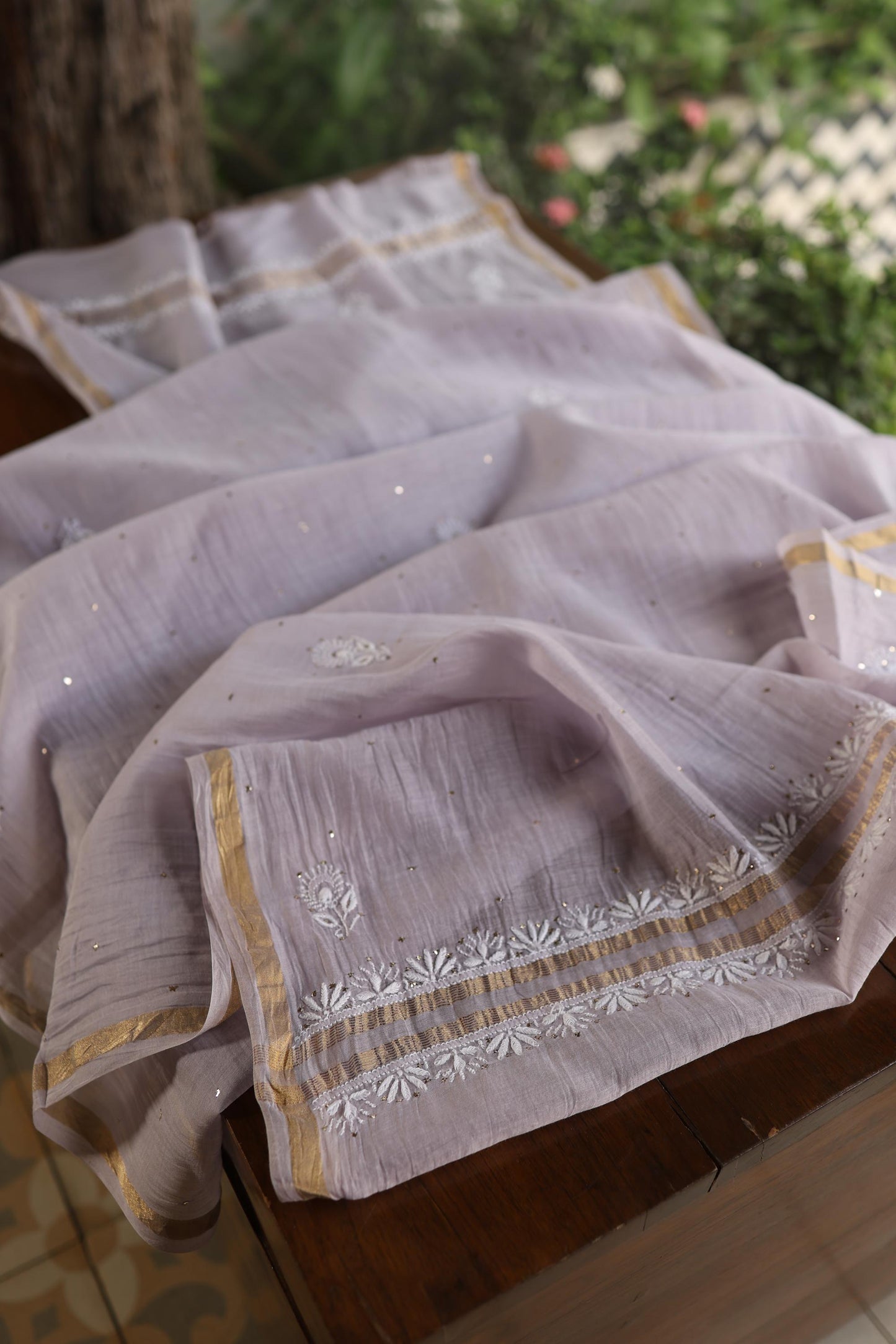 Lavender Grey Shade Mal Cotton Fine Chikankari Unstitched Fabric