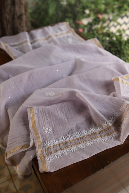 Lavender Grey Shade Mal Cotton Fine Chikankari Unstitched Fabric