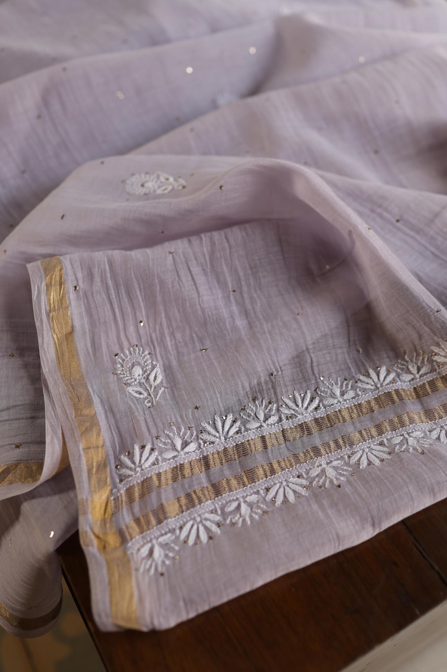 Lavender Grey Shade Mal Cotton Fine Chikankari Unstitched Fabric